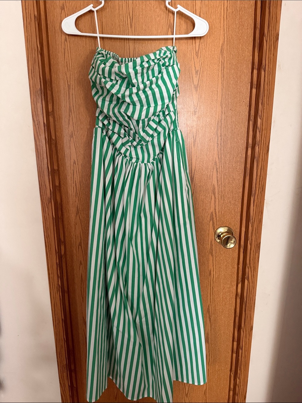 Sadie Green and White Strapless Ruched Maxi Dress